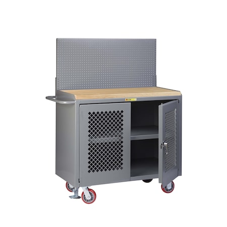 Little Giant Mobile Bench, 36"W, 2 Perf Doors, Center Shelf, Pegboard, Butcher Block MJP32D-36-FL-PB